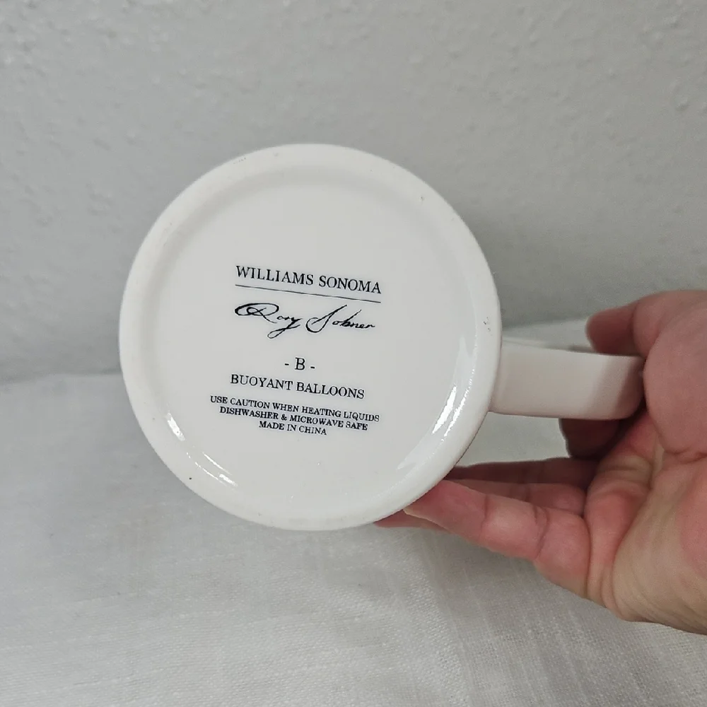 Williams Sonoma White Clockpunk Ceramic Mug with Black Buoyant Balloons